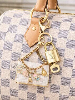 Authentic Louis Vuitton Padlock & Key Gold ✨Unbranded Tweed Bag Charm Keychain